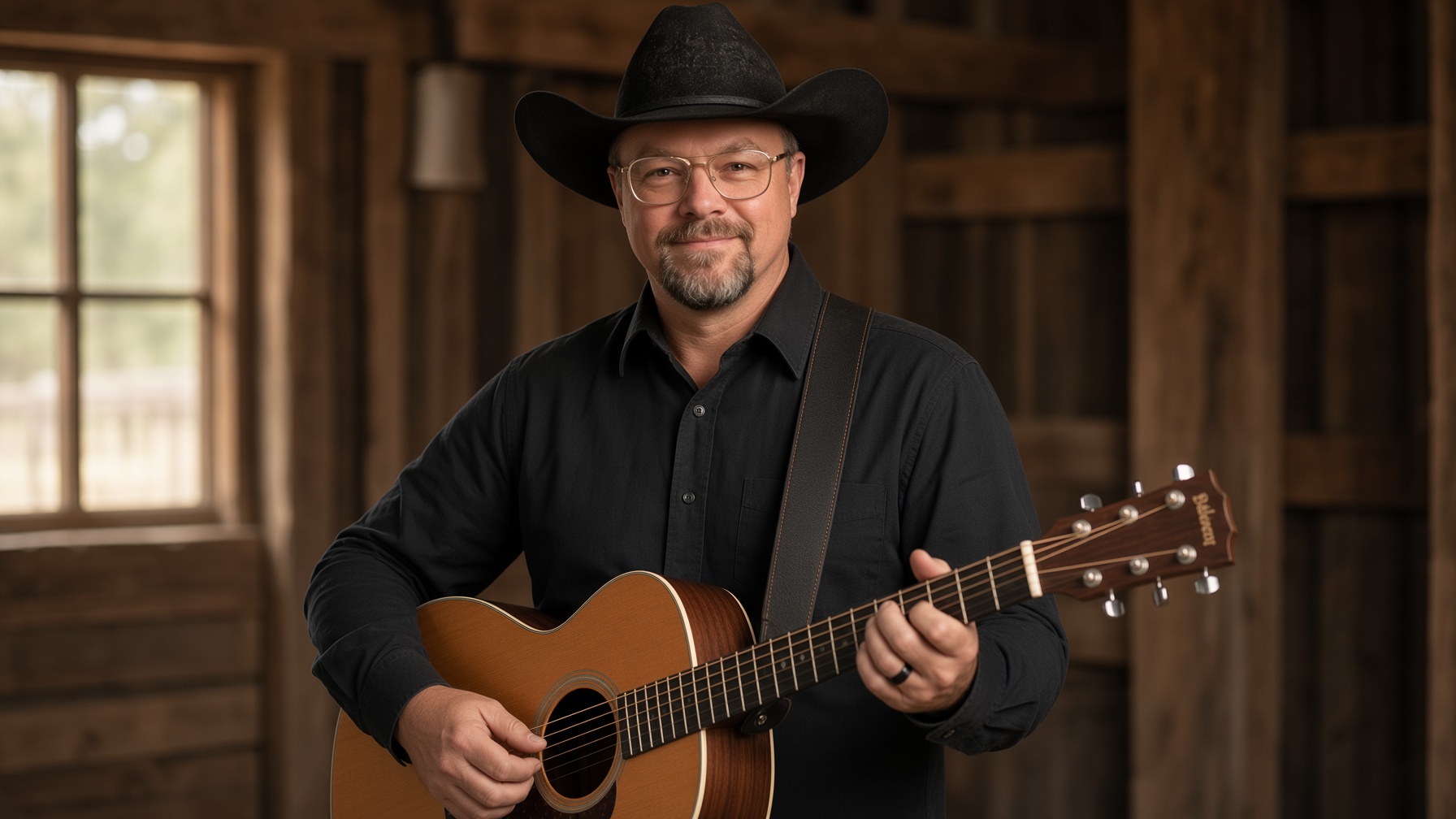 Chad Sanders smiling with acoustic guitar in a warm barn interior